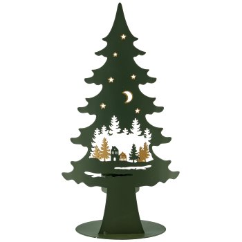 Metallbaum a.Fuß mit Teelicht, Landschaftsmotiv, 13x6,5x25cm, dunkelgrün