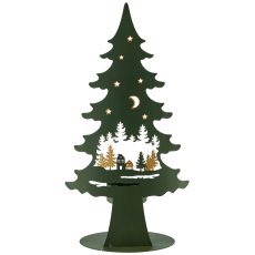 Metallbaum a.Fuß mit Teelicht, Landschaftsmotiv, 13x6,5x25cm, dunkelgrün