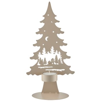 Metal tree on foot with tealight, landscape motif, 13x6.5x25cm, almond