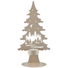 Metal tree on foot with tealight, landscape motif, 13x6.5x25cm, almond