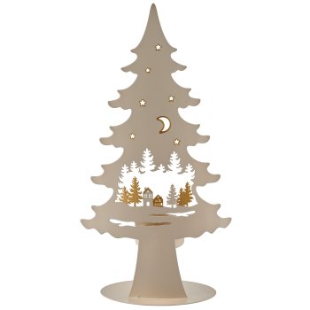 Metal tree on foot with tealight, landscape motif, 13x6.5x25cm, almond