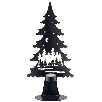 Metal tree on foot with tealight, landscape motif, 17x8x35cm, black
