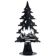 Metal tree on foot with tealight, landscape motif, 17x8x35cm, black