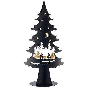 Metal tree on foot with tealight, landscape motif, 17x8x35cm, black