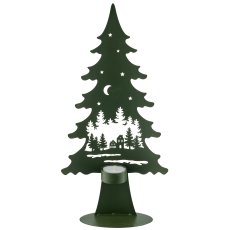 Metal tree on foot with tealight, landscape motif, 17x8x35cm, dark green