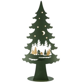 Metal tree on foot with tealight, landscape motif, 17x8x35cm, dark green