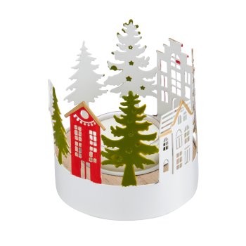 Metal landscape, tealight on wooden plate, round, 7.5x7.5x8cm, white
