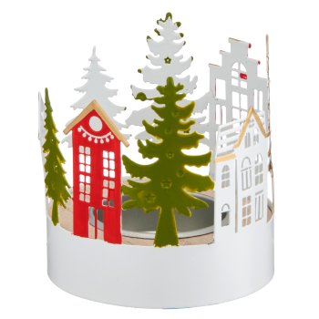 Metal landscape, tealight on wooden plate, round, 7.5x7.5x8cm, white