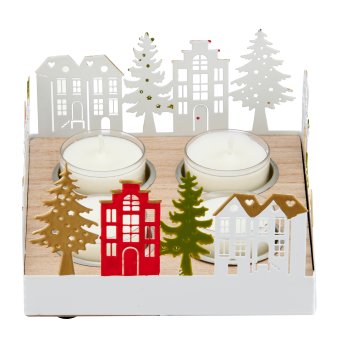 Metal landscape, tealight set of 4 on wooden plate, square, 26x14x16cm, white
