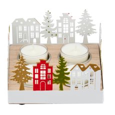 Metal landscape, tealight set of 4 on wooden plate, square, 26x14x16cm, white