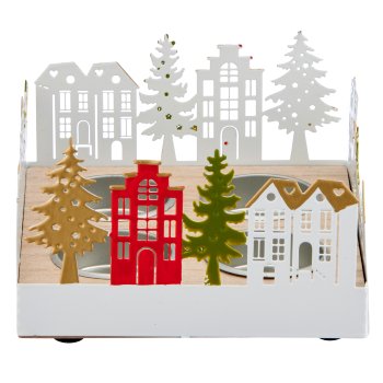 Metal landscape, tealight set of 4 on wooden plate, square, 26x14x16cm, white