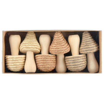 Wooden mushrooms with rope, assorted colours, 7.5x3.5cm, natural