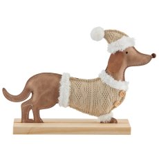 Fabric imitation leather dachshund with knitted suit + cap, 24x5x17cm, light brown