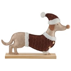 Fabric imitation leather dachshund with knitted suit + cap, 32x6x22cm, beige