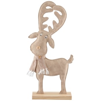 Fabric imitation leather deer on wooden base, 17x5.5x38cm, beige