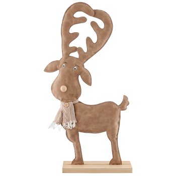 Fabric imitation leather deer on wooden base, 25x7x49cm, light brown