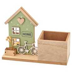 Holzhaus auf Platte mit Kiste & Deko, 18x7x15cm, grün
