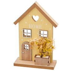 Holzhaus auf Platte mit Deko, 14x5x20cm, hellgelb