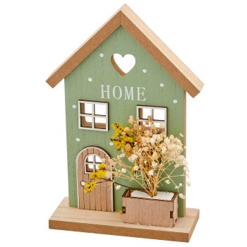 Holzhaus auf Platte mit Deko, 14x5x20cm, grün