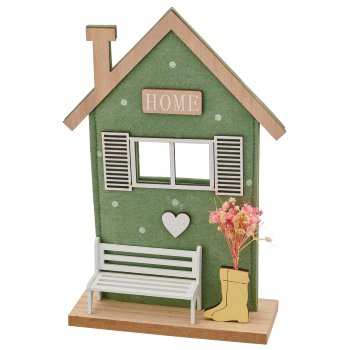Felt house on plate with decoration, 17x6x25cm, green