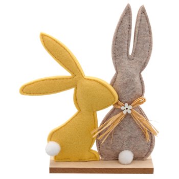 Felt rabbit couple on plate, kissing, 18x5x22cm, light yellow