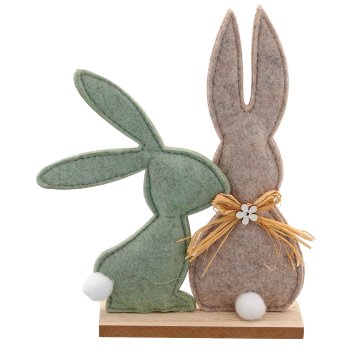 Felt rabbit couple on plate, kissing, 18x5x22cm, green