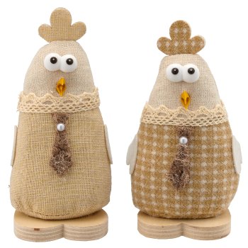 Fabric chicken with wooden base, 2 assort., 6x5x12.5cm, natural