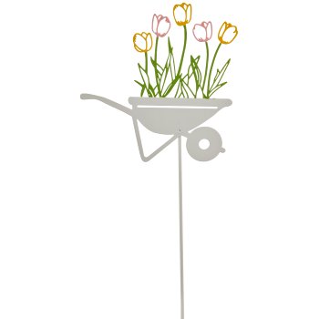 Metallstecker Schubkarre mit Blumen, 11x53cm, weiß