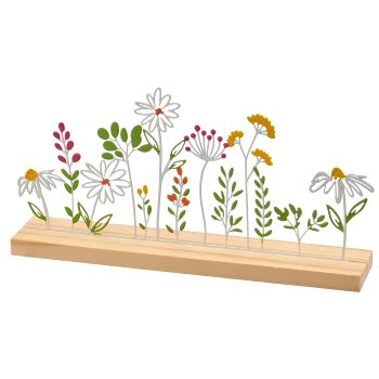 Metal flower meadow on wooden base, 21x4x10cm, colourful
