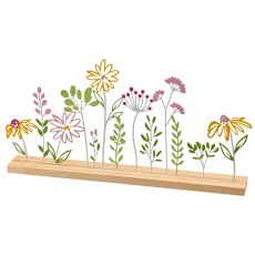 Metal flower meadow on wooden base, 31x4x15cm, colourful
