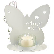 Metall Schmetterling mit Tulpen auf Platte mit Teelicht, 14x8x15cm, weiß