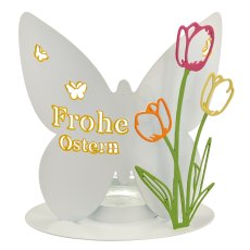 Metall Schmetterling mit Tulpen auf Platte mit Teelicht, 14x8x15cm, weiß