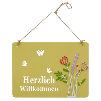 Metallschild Willkommen mit Tulpen, 20x15cm, hellgelb