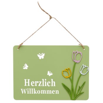 Metal sign Welcome with tulips, 20x15cm, light green