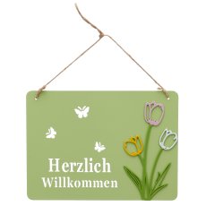 Metal sign Welcome with tulips, 20x15cm, light green