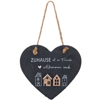 Slate heart hanger with wooden house decoration & lettering, 15x15cm, black