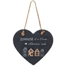 Schiefer Herzhänger mit Holzhäuser Deko & Schrift, 15x15cm, schwarz