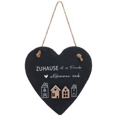 Slate heart hanger with wooden house decoration & lettering, 22x20cm, black