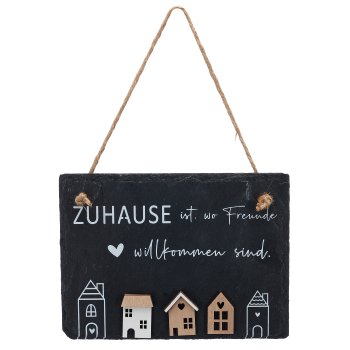 Schieferplatte, Hänger mit Holzhäuser Deko & Schrift, 15x20cm, schwarz