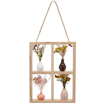 Wooden frame, hanger with 4 vases & dried flowers, 16x3x22cm, natural