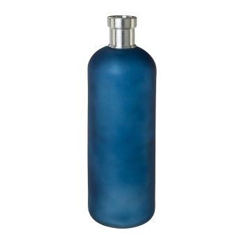 Glas Flasche m.Metallfassung matt, 11x11x34cm, blau