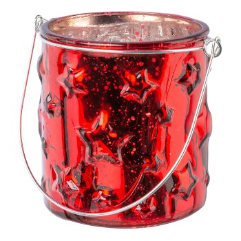 Glass lantern w.star motif w.handle, 6,3x9,7cm, red