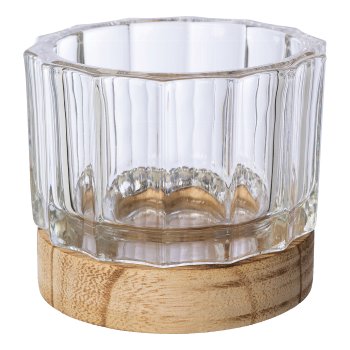 Glass jar LIVING with wooden base, 3 assorted, 8.2x9.2cm, clear