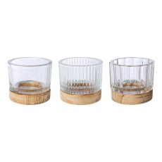 Glass jar with wooden base 3 assorted LIVING, 8.2x9.2cm, clear