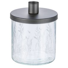 Glass jar with floral decoration w.metal candle holder, 10.2x12.5cm, clear,