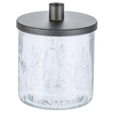 Glass jar with flower decor w.metal candle holder, 12x14,5cm, clear