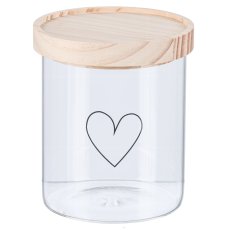 Glass jar HEART w.wooden lid, 11x12.5cm, clear