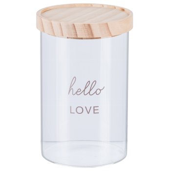 Glass jar HELLO w.wooden lid LOVE, 11x16.5cm, clear