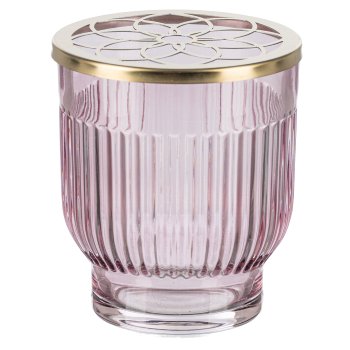 Glass Jar Grooved w. flowers metal cover, 7,5x8,5cm, Pink