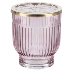 Glass Jar Grooved w. flowers metal cover, 7,5x8,5cm, Pink